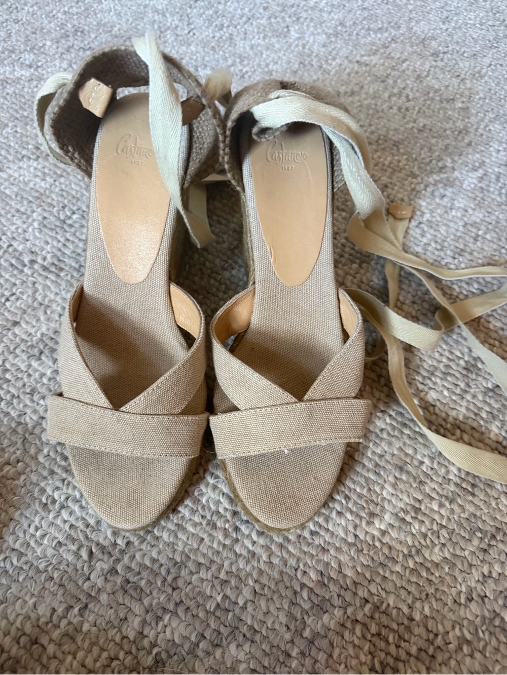 Castaner Natural Canvas Espadrille Wedge Sandals with Ankle Tie